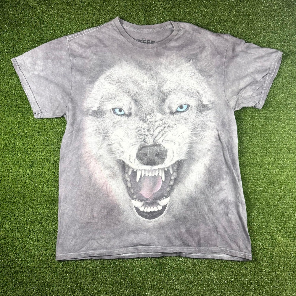 The Mountain 3D Tees Wolf Graphic T-Shirt Grey Tie Dye Blue Eyes Mens Large